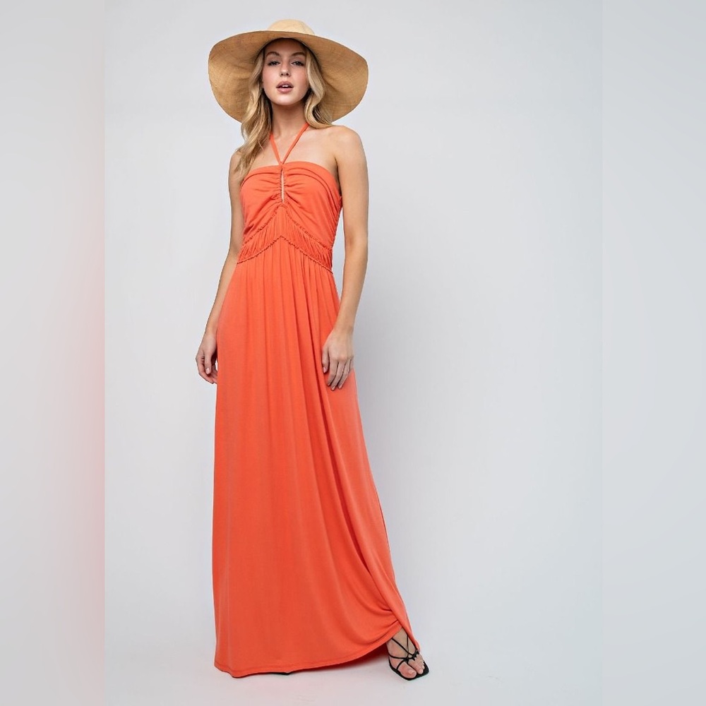 Bohemian Coral Halter Maxi Dress